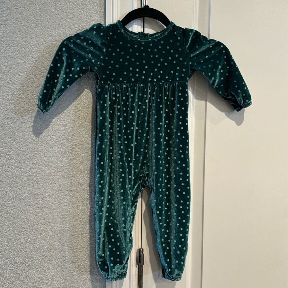 Cat & Jack Green velvet polka dot jumpsuit holiday fam picture special occasion